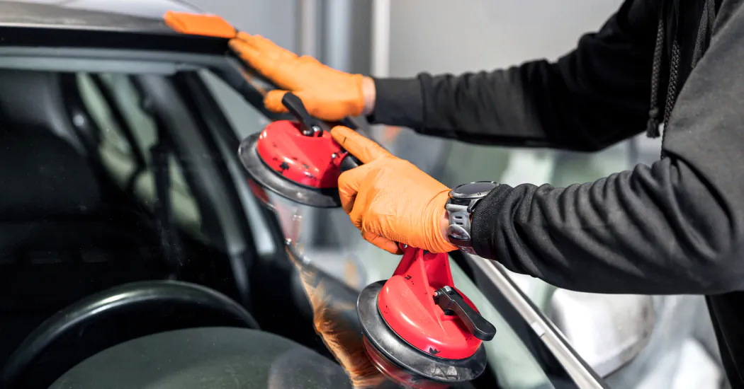A car windscreen being repaired